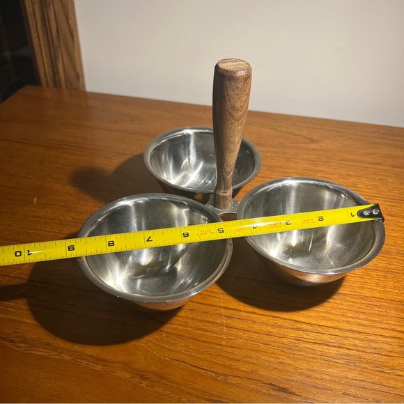 Vintage 18-8 Stainless Steel 3 Bowl mcm Condiment Serving Trio Wood Handle - Picture 7 of 9
